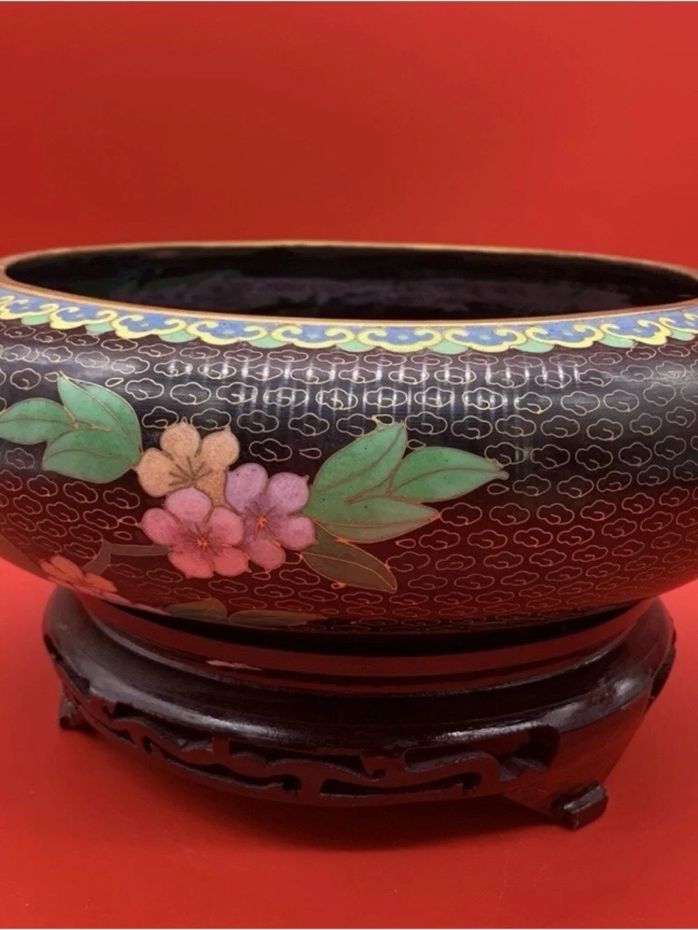 Vintage Chinese Cloisonné Champlevé Floral Bowl With Wooden Stand Beautiful 9”